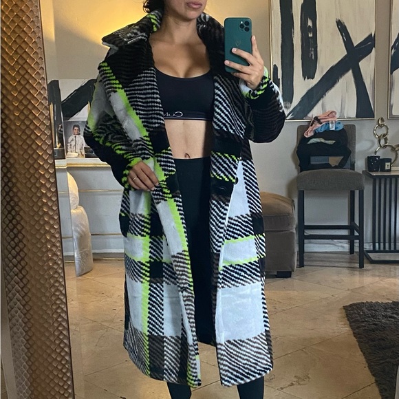 Adidas Ivy park Halls of Ivy plaid faux fur trench coat jacket - Picture 2 of 14